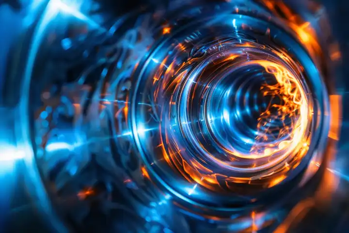 Ein wirbelnder Plasmawirbel in einer futuristischen Fusionsreaktorkammer, generiert mit KI