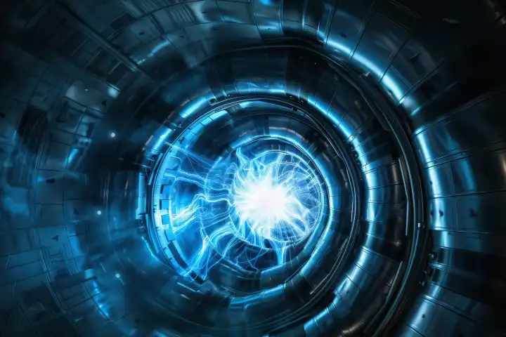 Ein wirbelnder Plasmawirbel in einer futuristischen Fusionsreaktorkammer, generiert mit KI