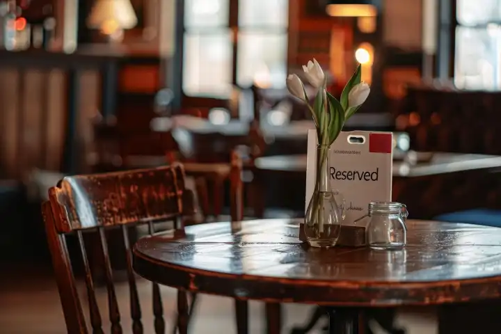 Ein Tisch in einem Restaurant mit einem Schild, auf dem das Wort "Reserviert" steht, generiert mit KI