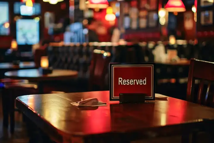 Ein Tisch in einem Restaurant mit einem Schild, auf dem das Wort "Reserviert" steht, generiert mit KI
