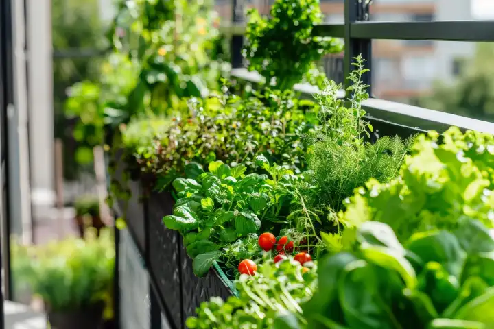 Ein lebendiger vertikaler Garten mit frischen Kräutern, Salat und kleinen Tomaten, der auf einem sonnigen Balkon in einer belebten Stadt gedeiht, generiert mit KI