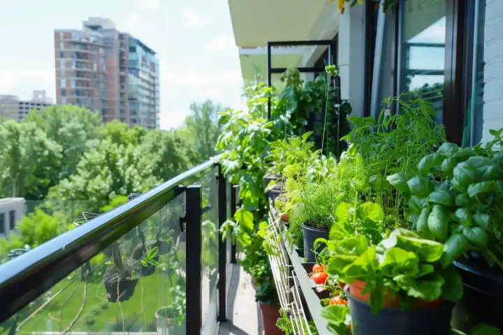 Ein lebendiger vertikaler Garten mit frischen Kräutern, Salat und kleinen Tomaten, der auf einem sonnigen Balkon in einer belebten Stadt gedeiht, generiert mit KI