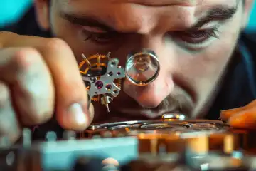 A watchmaker using a loupe and small tools to repair a delicate watch mechanism, generated with AI