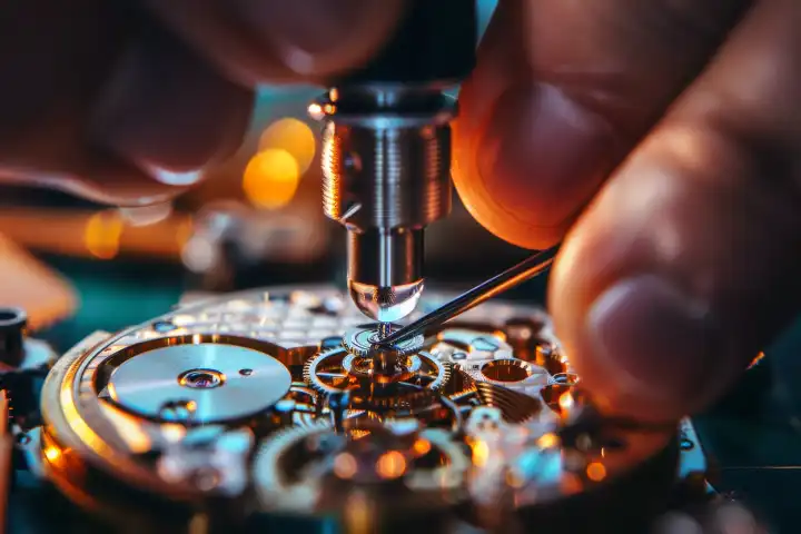 Ein Uhrmacher mit Lupe und kleinen Werkzeugen bei der Reparatur eines empfindlichen Uhrwerks, generiert mit KI
