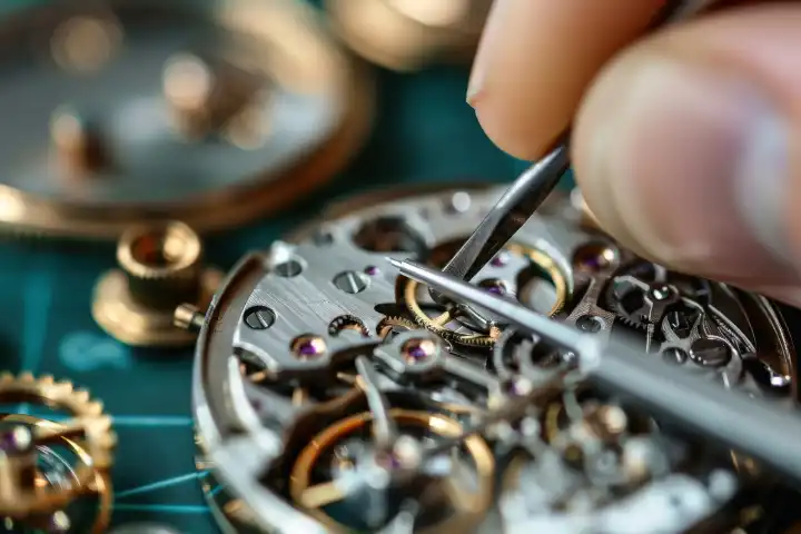 Ein Uhrmacher mit Lupe und kleinen Werkzeugen bei der Reparatur eines empfindlichen Uhrwerks, generiert mit KI