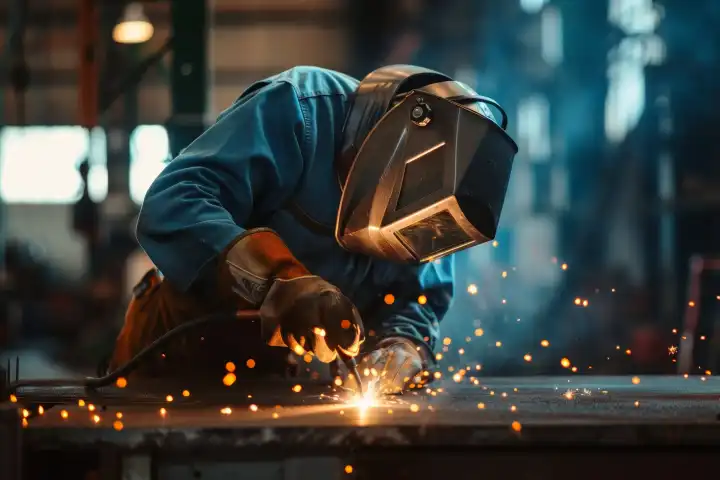 Ein Schweißer bei der Arbeit an einem Metall in einer Werkstatt, generiert mit KI