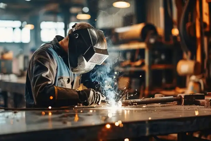 Ein Schweißer bei der Arbeit an einem Metall in einer Werkstatt, generiert mit KI
