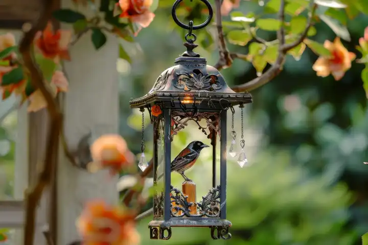 Ein skurriles Vogelhaus in Form einer hängenden Laterne mit einem Vogel darauf, generiert mit KI