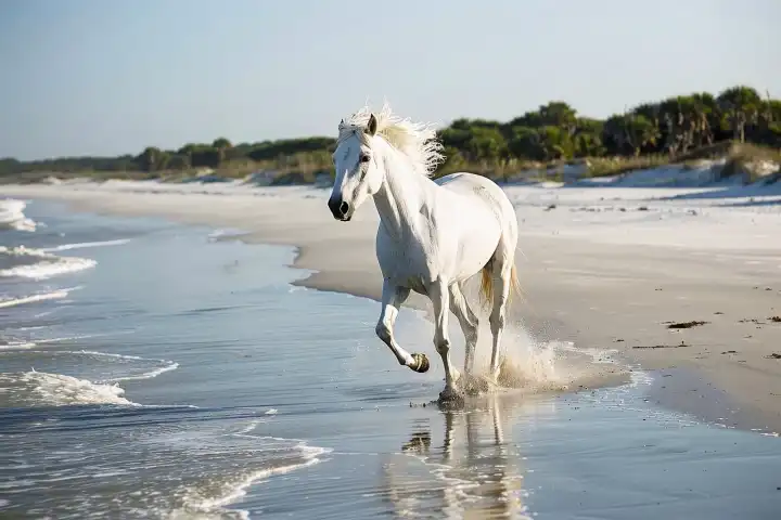 Ein weißes Pferd läuft an einem Strand im Sonnenlicht, generiert mit KI