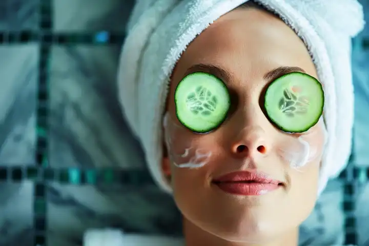 Eine Frau, die eine Gesichtsbehandlung genießt und ihre Augen mit Gurkenscheiben bedeckt, generiert mit KI