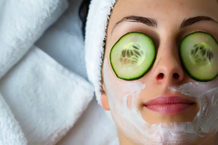 Eine Frau, die eine Gesichtsbehandlung genießt und ihre Augen mit Gurkenscheiben bedeckt, generiert mit KI