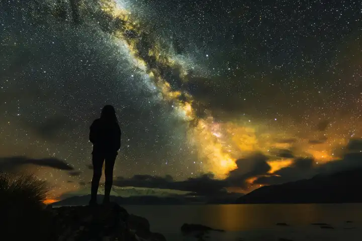 Eine Frau blickt auf einen atemberaubenden Blick auf die Milchstraßengalaxie, generiert mit KI