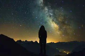 A woman gazing up at a breathtaking view of the Milky Way galaxy, generated with AI