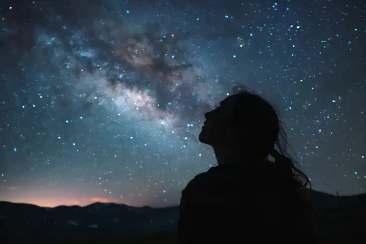 Eine Frau blickt auf einen atemberaubenden Blick auf die Milchstraßengalaxie, generiert mit KI