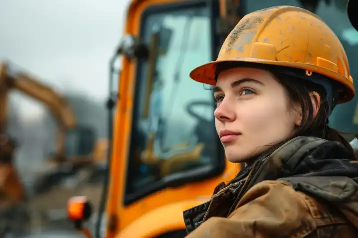 Eine Frau mit Schutzhelm und Arbeitskleidung bedient schwere Maschinen auf einer Baustelle, generiert mit KI