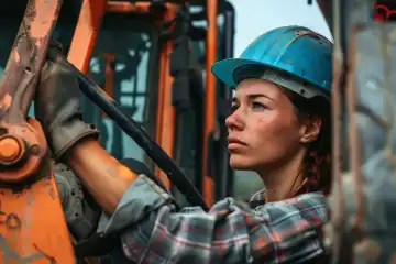 A woman in a hard hat and work clothes operating heavy machinery on a construction site, generated with AI