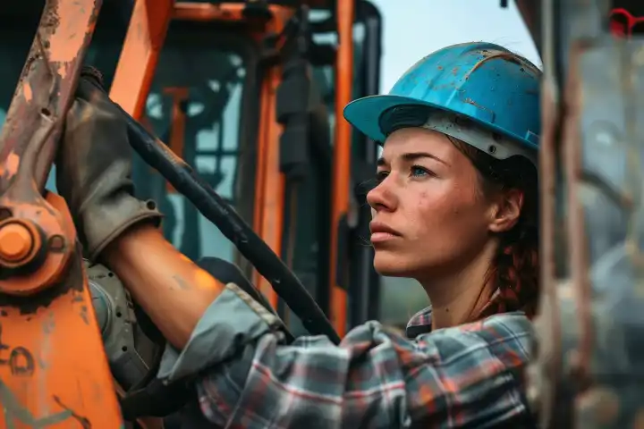 Eine Frau mit Schutzhelm und Arbeitskleidung bedient schwere Maschinen auf einer Baustelle, generiert mit KI