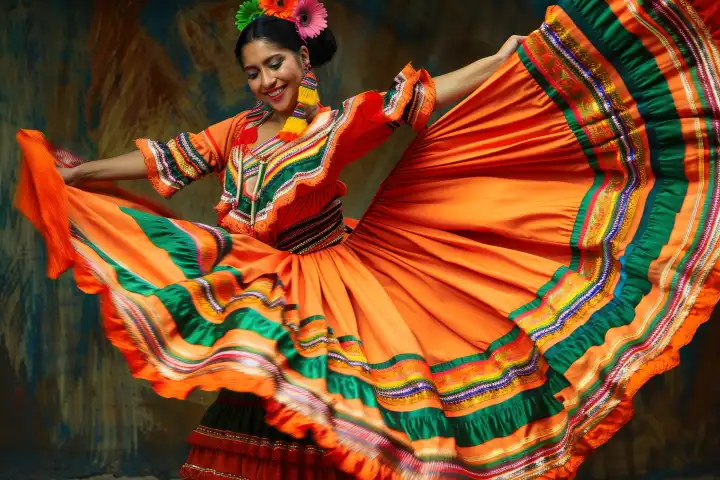 Eine Frau in traditioneller Kleidung führt einen Tanz aus ihrer Heimat auf, generiert mit KI