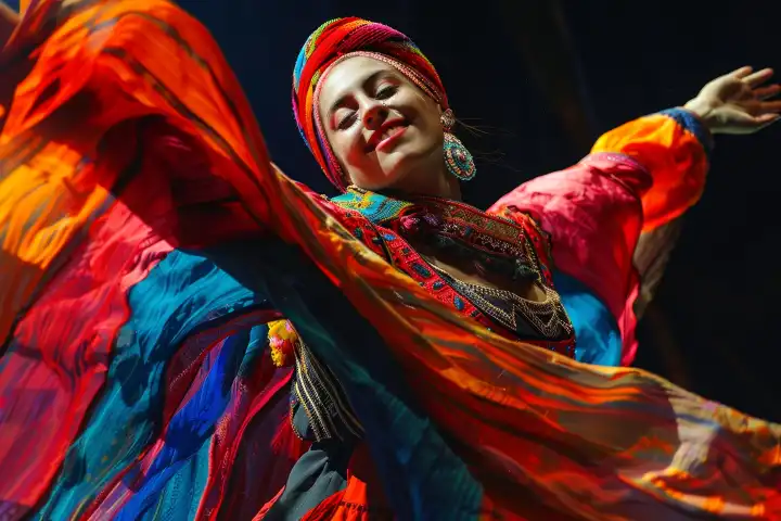 Eine Frau in traditioneller Kleidung führt einen Tanz aus ihrer Heimat auf, generiert mit KI