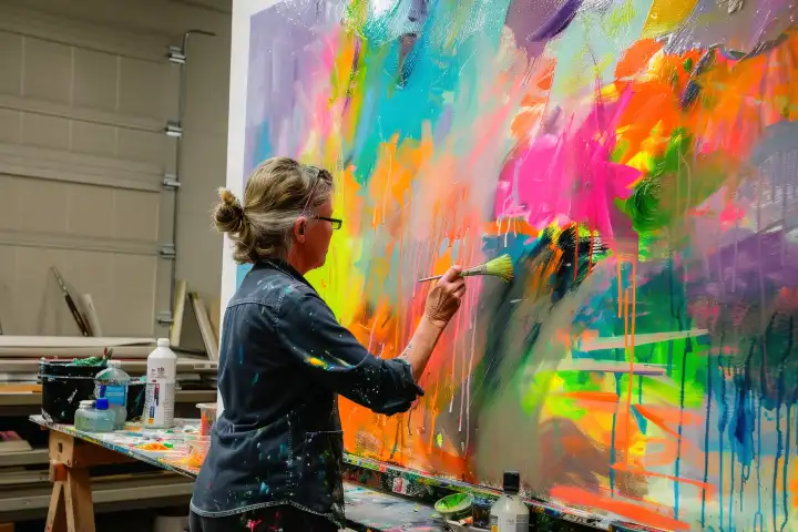 Eine Frau malt auf einer großen Leinwand mit einem leidenschaftlichen Ausdruck, der künstlerisches Talent und Individualität zeigt, generiert mit KI