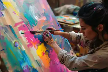 A woman painting on a large canvas with a passionate expression showcasing artistic talent and individuality, generated with AI
