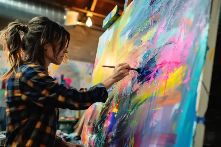 Eine Frau malt auf einer großen Leinwand mit einem leidenschaftlichen Ausdruck, der künstlerisches Talent und Individualität zeigt, generiert mit KI