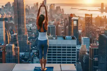 A woman performing a morning yoga pose on a rooftop overlooking a bustling cityscape, generated with AI