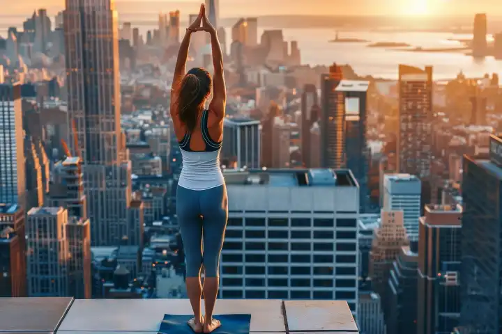 Eine Frau, die eine morgendliche Yogapose auf einem Dach mit Blick auf eine belebte Stadtlandschaft einnimmt, generiert mit KI
