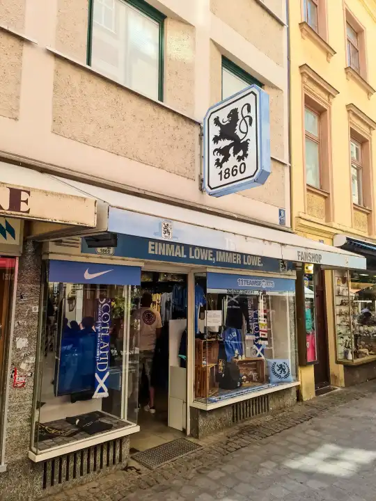 Munich, Germany - 22 June 2024: The entrance area of a shop belonging to the 1860 Munich football club in Munich city centre
