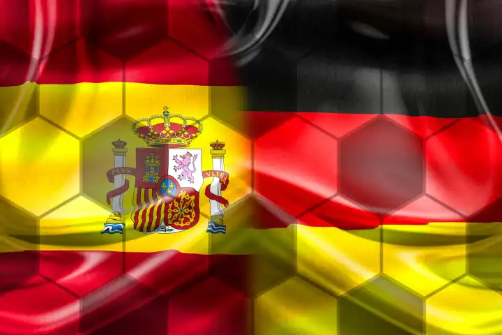 A flag of Spain and Germany split down the middle before a football match in a major international tournament