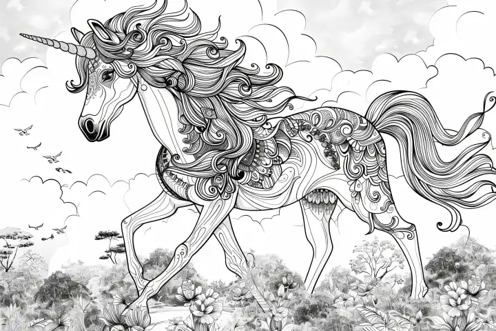 Illustration of an outlined unicorn, generated with AI