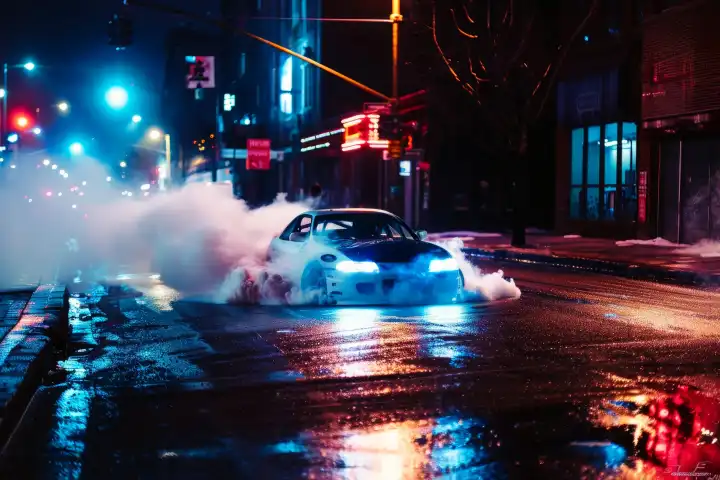 A car performs a controlled drift around a tight corner on a city street at night AI generated