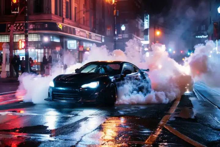 A car performs a controlled drift around a tight corner on a city street at night AI generated