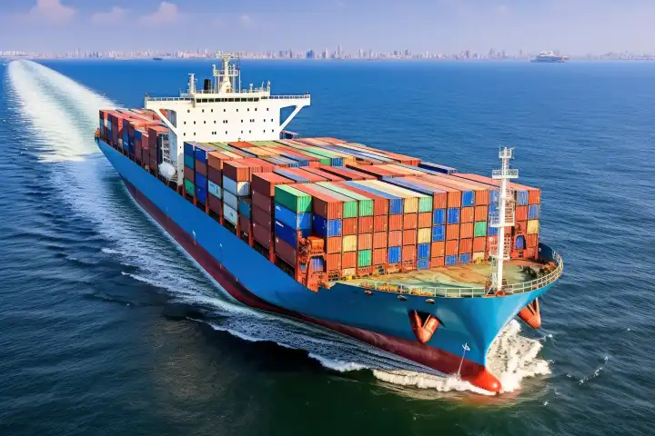 A cargo ship loaded with containers sailing on the open sea, generated with AI