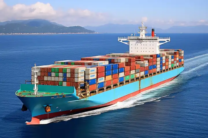 A cargo ship loaded with containers sailing on the open sea, generated with AI