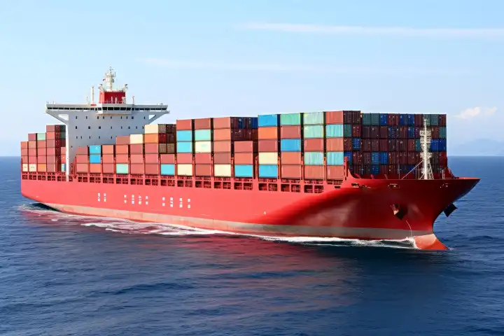 Ein mit Containern beladenes Frachtschiff auf dem offenen Meer, generiert mit KI