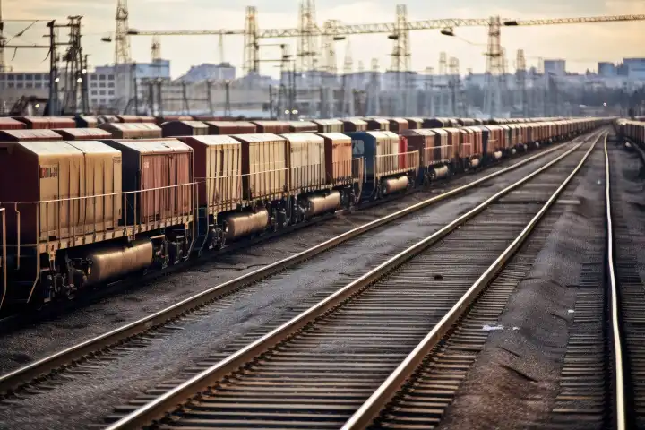 A cargo train passing through an industrial rail yard, generated with AI