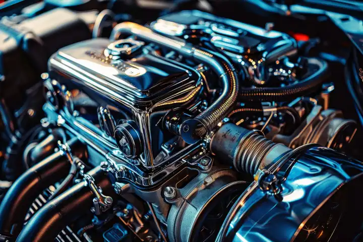 A close up shot of a meticulously maintained engine with chrome accents AI generated