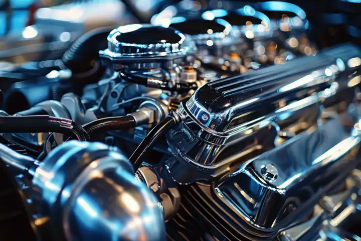 A close up shot of a meticulously maintained engine with chrome accents AI generated