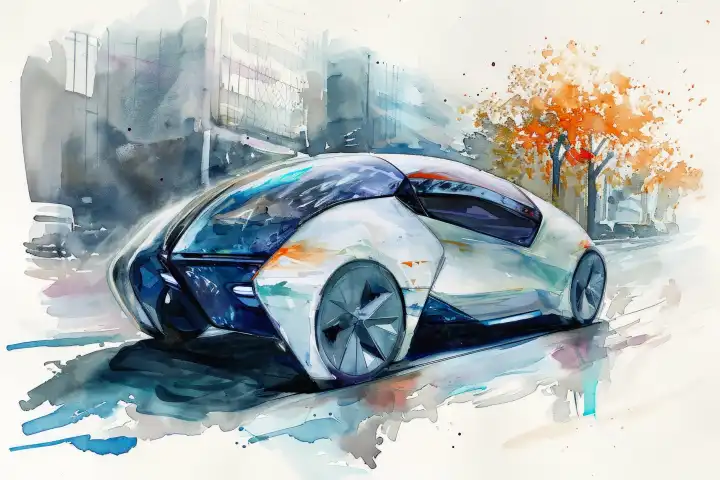Watercolor of a futuristic electric car AI generated