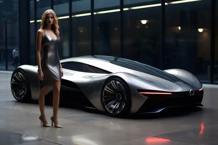 Ein futuristischer Sportwagen, präsentiert von einer heißen KI-Dame