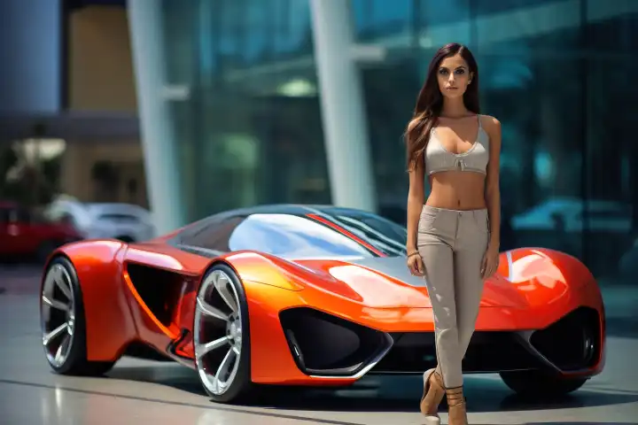 Ein futuristischer Sportwagen, präsentiert von einer heißen KI-Dame