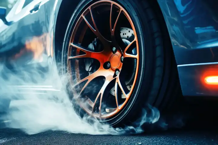 A wheel of a sports car spinning fast and producing smoke AI generated