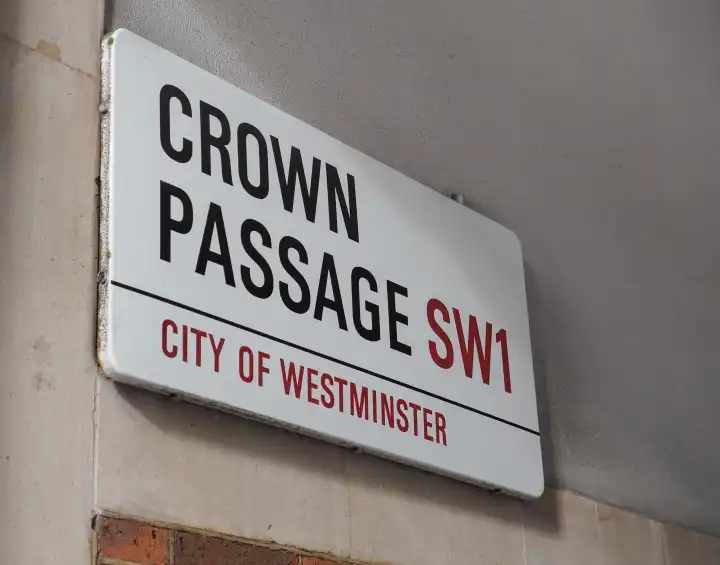 LONDON, UK - CIRCA OCTOBER 2022: Crown Passage SW1 City of Westminster street sign