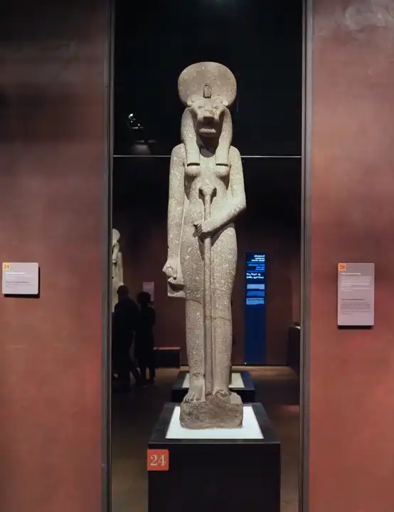 TURIN, ITALY - CIRCA DECEMBER 2022: Statue of Goddess Sekhmet daughter of the sun at Museo Egizio translation Egyptian Museum