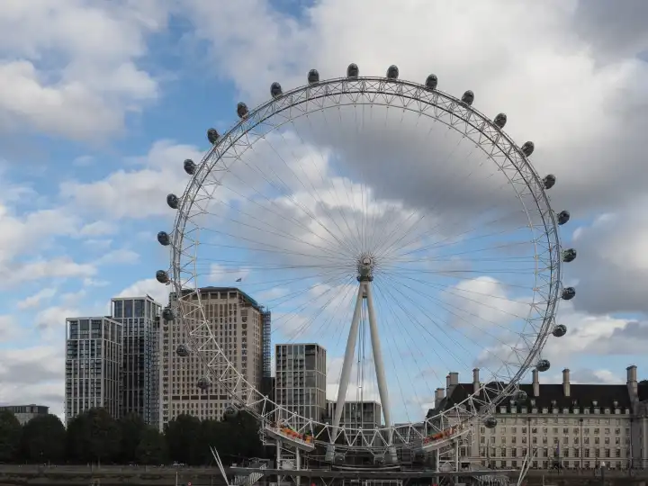 LONDON, UK - CIRCA OCTOBER 2022: The London Eye ferris wheel on the South Bank of River Thames aka Millennium Wheel