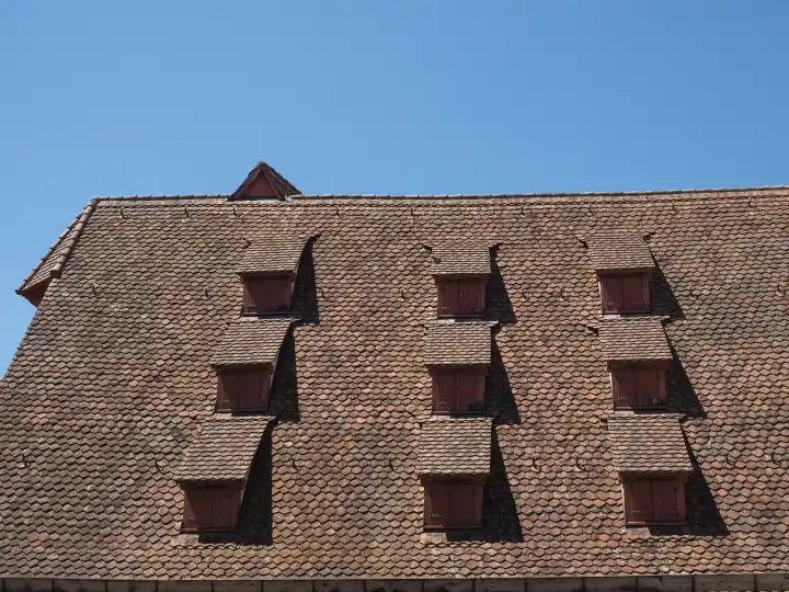 ancient dormer windows in a high roof