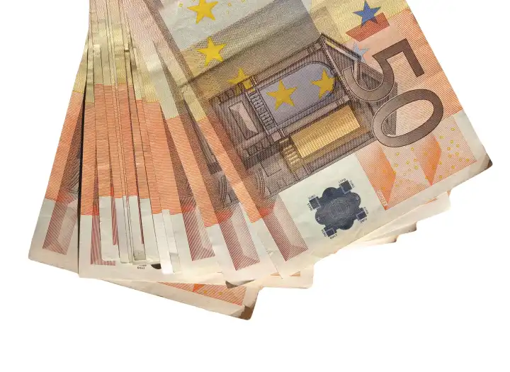 Euro - Banknoten Geld (EUR), Währung der Europäischen Union isoliert auf weißem Hintergrund