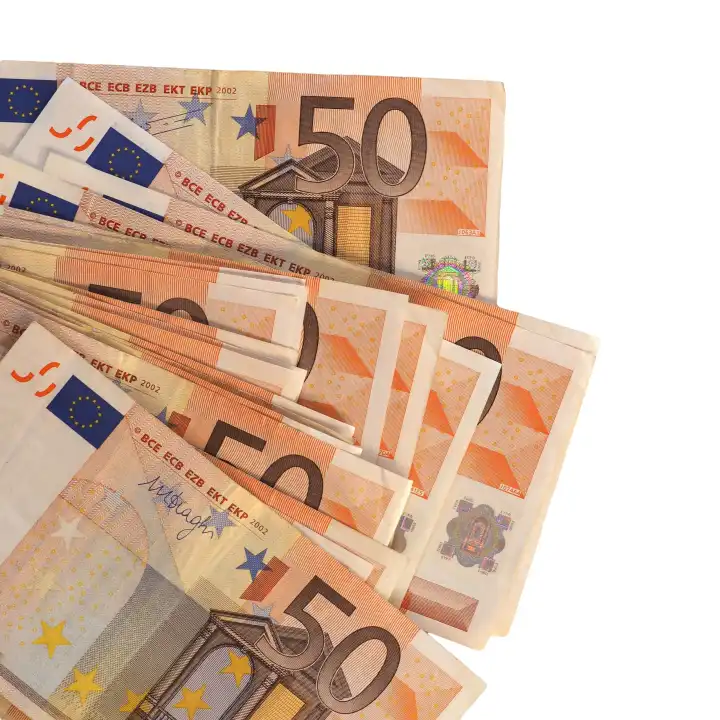 Euro - Banknoten Geld (EUR), Währung der Europäischen Union isoliert auf weißem Hintergrund