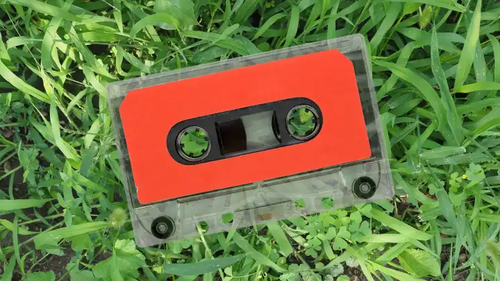 Magnetbandkassette über grünem Gras im Hintergrund